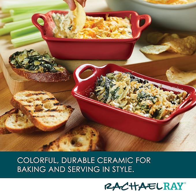 Rachael Ray Solid Glaze Ceramics Au Gratin Bakeware/Baker Set, Rectangular, 2 Piece, Red - Image 3
