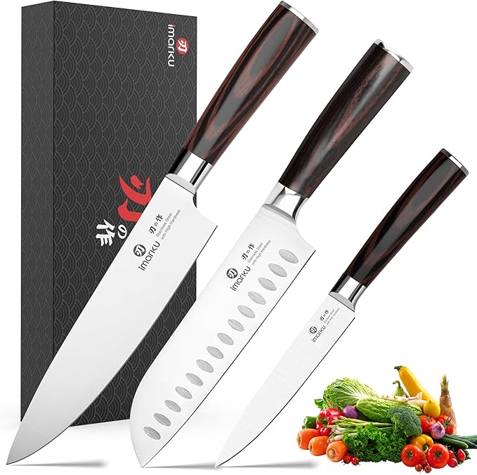 imarku 3 Pieces Knife Set, Japanese High Carbon Stainless Steel Chef Knife Set, Professional Chef Knives with Ergonomic Pakkawood Handle, Ultra Sharp Cooking Knives for Kitchen & Home Cooking by imarku