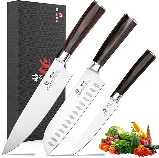 imarku 3 Pieces Knife Set, Japanese High Carbon Stainless Steel Chef Knife Set, Professional Chef Knives with Ergonomic Pakkawood Handle, Ultra Sharp Cooking Knives for Kitchen & Home Cooking by imarku