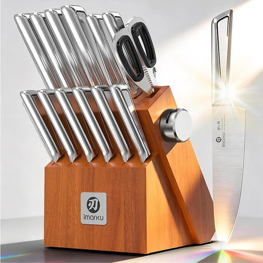 imarku High Carbon Stainless Steel Gyutou Knife Set with Block, Precision-Forged Razor Sharp 10–15° Edge, Ergonomic Non-Slip Handle, Built-in Sharpener, Brown, Best Gift Choice, Cooking Enthusiasts by imarku