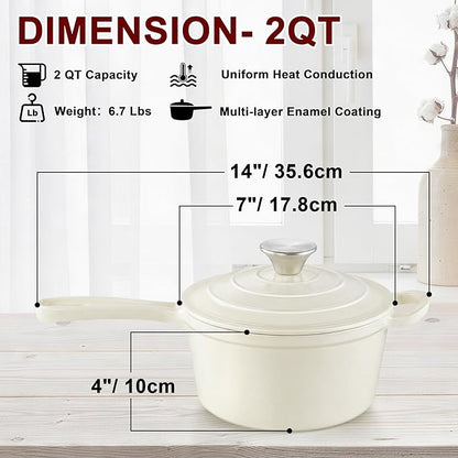 2Qt Enameled Cast Iron Sauce Pan, Leonyo Dutch Oven Pot with Lid, Non Stick Cooking Simmer Pots Induction Kitchen Cookware for All Cooktops Baking Bread, Soup, Ramen - Up to 500°F, Cream White
