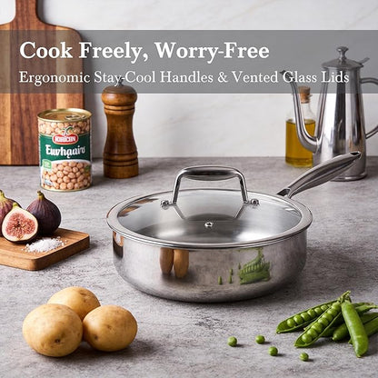 Stainless Steel Cookware Set - VONIKI Tri-ply Stainless Pots And Pans Set with Steamer Basket, Non Toxic Induction Cookware, Kitchen Cookware Sets PFOA & PTFE Free, Dishwasher and Oven Safe - Image 7