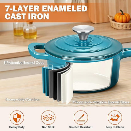 Homikit Cast Iron Sauce Pan, 1 Quart Enameled Cast Iron Saucepan with Lid for All Cooktops, Small Pot Mini Dutch Oven for Kitchen Cooking, Boiling, Nonstick & Heavy Duty, Teal Ombre