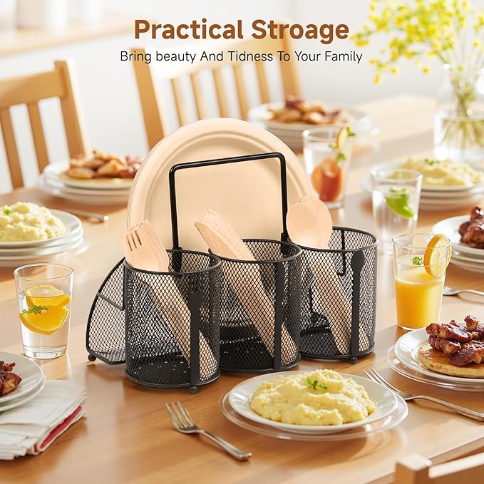 Metal Utensil Caddy Silverware Holder, Paper Plate Holder Cutlery Container,Plate Organizer Flatware Storage Basket Party Camping Picnic Buffet RV BBQ Farmhouse Kitchen Countertop - Image 4