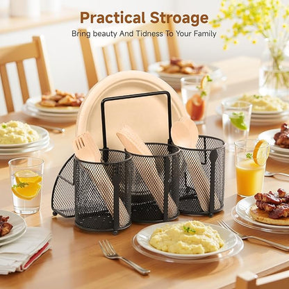 Metal Utensil Caddy Silverware Holder, Paper Plate Holder Cutlery Container,Plate Organizer Flatware Storage Basket Party Camping Picnic Buffet RV BBQ Farmhouse Kitchen Countertop - Image 4