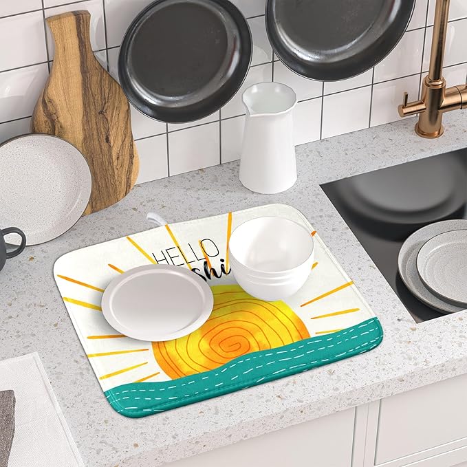 Summer Seaside Sunset over Sea Dish Drying Mat for Kitchen Counter,Hello Sunshine Drying Mat 16 x 18 Inch with Absorbent Reversible Microfiber Drying Pad for Coffee Bar - Image 6