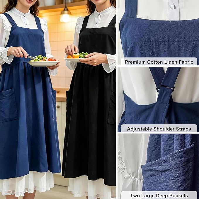 Uaussi Cotton Linen Apron Cross Back Work Apron for Women with Pockets Pinafore Dress X Cross Halter Apron for Chef Gardening - Image 2