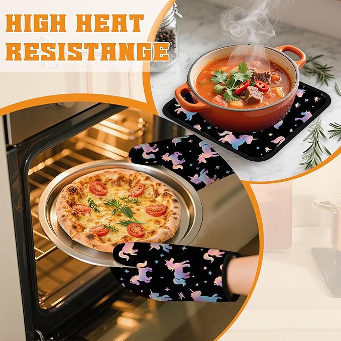 Cute Unicorn Pattern Oven Mitts and Pot Holders Set,Pink Kitchen Decor Heat Resistant Non Slip Hot Pads and Oven Mitt for Chef Cooking Baking BBQ Mom Girl Gifts(4 Piece Set)