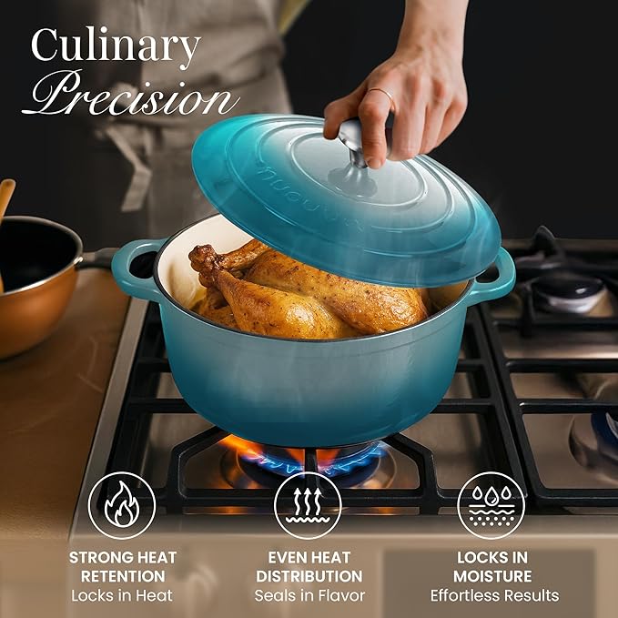 Cast Iron Dutch Oven with Lid – Non-Stick Ovenproof Enamelled Casserole Pot – Sturdy Dutch Oven Cookware – Teal, 7.3-Quart, 30cm – by Nuovva - Image 6