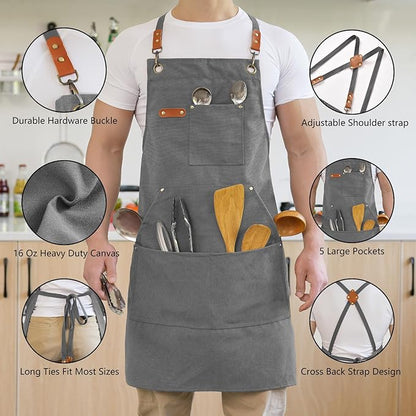 Aoomzoon Canvas Aprons for Men Chef Apron, Work Apron with Large Pockets - 16oz Heavy Duty Cross Back, BBQ, Cooking
