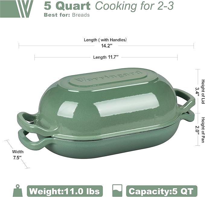 VORRINGARD Enameled Cast Iron Sourdough Bread Oven, Dutch Oven, Loaf Cast Iron Bread Pan for Homemade Bread Baking, Meatloaf Pan with Lid, 5QT, Sage Green - Image 2