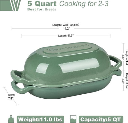 VORRINGARD Enameled Cast Iron Sourdough Bread Oven, Dutch Oven, Loaf Cast Iron Bread Pan for Homemade Bread Baking, Meatloaf Pan with Lid, 5QT, Sage Green - Image 2