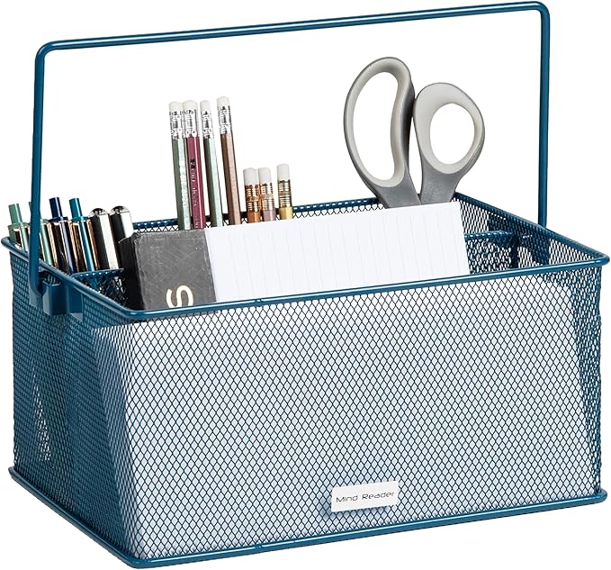Mind Reader Multi-purpose Storage Caddy with Handle, Desktop Organizer, Cutlery Holder, 4 Compartments, Metal Mesh, Turquoise - Image 4
