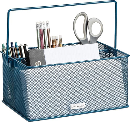 Mind Reader Multi-purpose Storage Caddy with Handle, Desktop Organizer, Cutlery Holder, 4 Compartments, Metal Mesh, Turquoise - Image 4