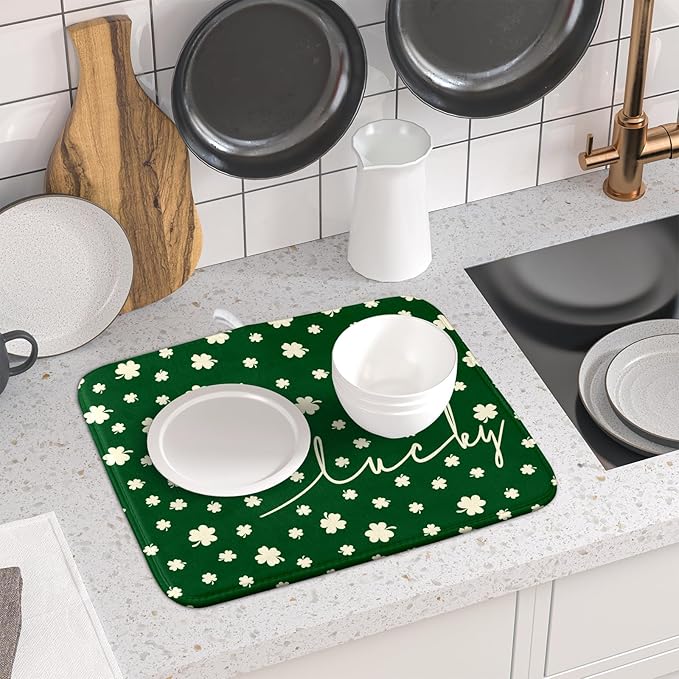 Giwawa St Patricks Day Dish Drying Mat Green Lucky Clovers Dish Drainer Mats 16"x18" Shamrock Holiday Microfiber Reversible Dish Drying Rack Pad Protector for Kitchen Countertop Small Decor