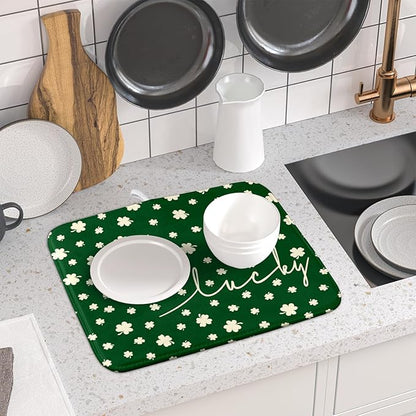 Giwawa St Patricks Day Dish Drying Mat Green Lucky Clovers Dish Drainer Mats 16"x18" Shamrock Holiday Microfiber Reversible Dish Drying Rack Pad Protector for Kitchen Countertop Small Decor