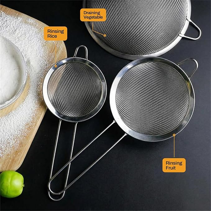 ELEEN Premium Stainless Steel Fine Mesh Strainers for Kitchen 3-Piece Set with Non-Slip Handle, Small, Medium & Large Sieves, Colanders and Sifter for Sifting, Straining, Pastas Tea, Rice Vegetables - Image 3