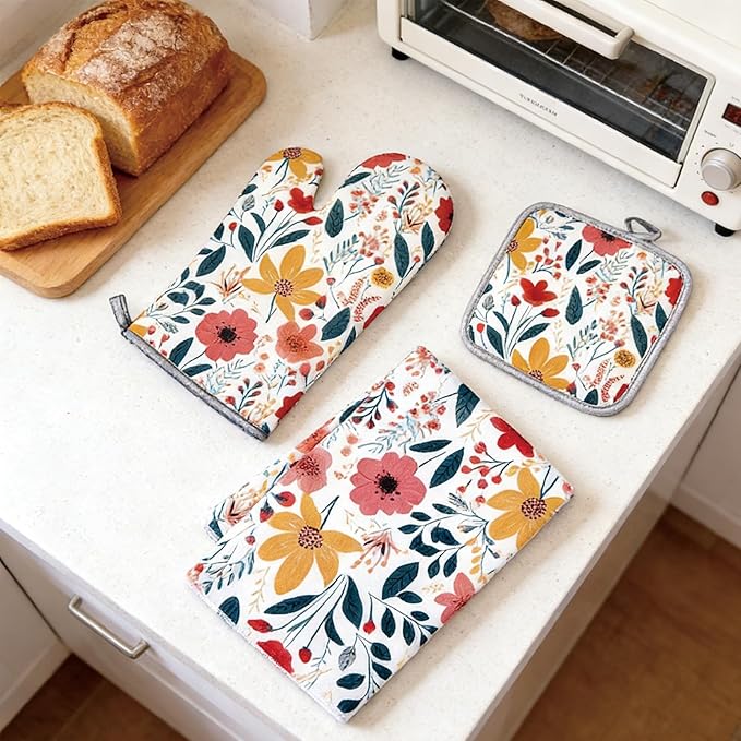 3 Pcs Kitchen Stuff,Wild Floral Kitchen Oven Mitts and Pot Holders Sets with Microfiber Kitchen Towels, Kitchen Accessories,Gifts for Women