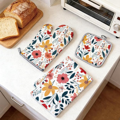 3 Pcs Kitchen Stuff,Wild Floral Kitchen Oven Mitts and Pot Holders Sets with Microfiber Kitchen Towels, Kitchen Accessories,Gifts for Women