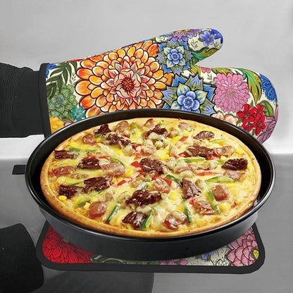 Boho Floral Oven Mitts and Pot Holders Sets of 3, Colorful Flowers Heat Resistant Kitchen Gloves Hot Pads, Chef Baking Gifts for Baker Women Mom Wife, Spring Easter Kitchen Gifts for Cooking Lover - Image 4