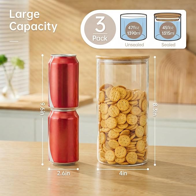 45oz - 3 Pack Glass Jars with Bamboo Lids, Glass Pantry Storage Containers with Airtight Lids, Round Air Tigh Food Storage Canisters for Cereal, Pasta, Flour, Sugar, Rice, Best for Kitchen Organizer - Image 3