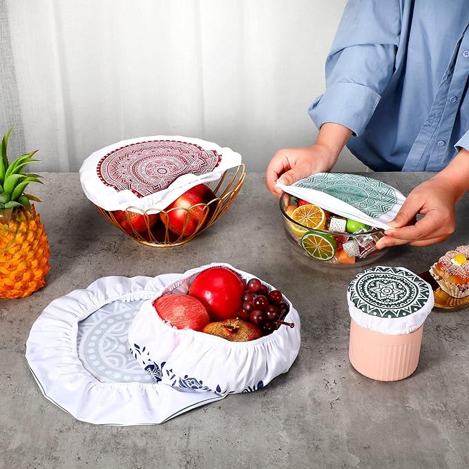 Patelai 10 Pcs Bowl Covers Reusable in 5 Size Stretch Cloth Fabric Elastic Food Storage Bowl Covers Bread Sourdough Lids for Proofing Food Fruits Leftover(Red, Green, Blue,Rustic Style) - Image 7