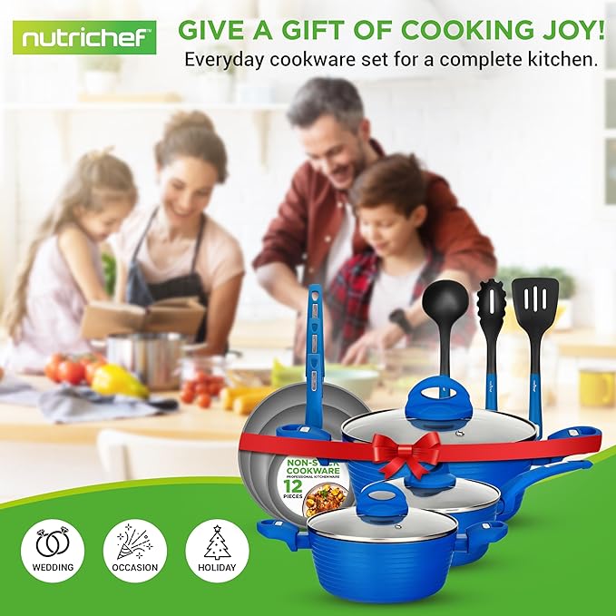 NutriChef 12 Piece Nonstick Cookware Set - PFOA/PFOS-Free Heat Resistant Lacquer Kitchen Ware Pots and Pans Set - Induction Ready Cookware Includes Saucepot, Pans, Cooking Pot Oven Pot, Lid, Utensils - Image 7