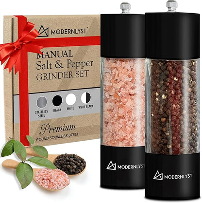 Manual Salt and Pepper Grinder Set of 2 | Large Round Salt and Pepper Shakers Set | 7.5 inch Stainless Steel Salt Grinder Refillable | Pepper Grinder Manual (Black)