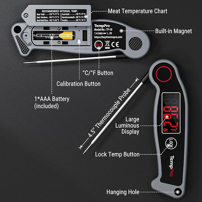 TempPro TP19 Waterproof Digital Meat Thermometer for Grilling with Ambidextrous Backlit & Thermocouple Instant Read Kitchen Cooking Food Thermometer for Candy Water Grill Smoker (Previously ThermoPro) - Image 7