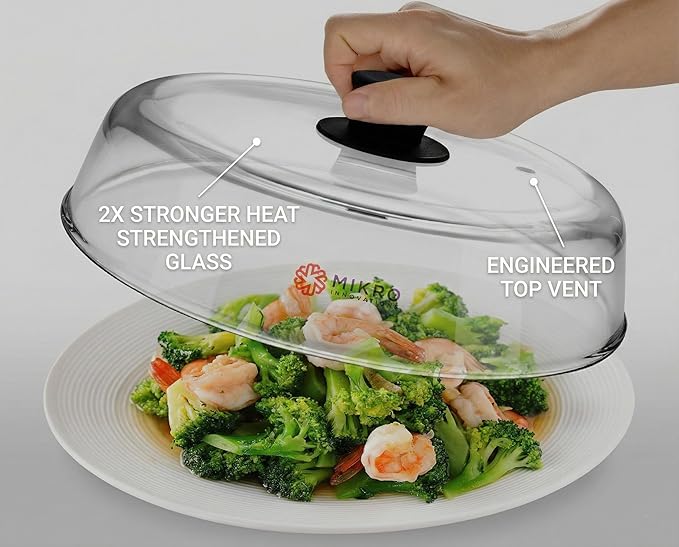 Mikro Innovations 10.5-Inch Glass Microwave Splatter Cover – Borosilicate Glass Food Plate Splatter Guard with Vent Hole, BPA-Free, Easy-Grip Silicone Knob, Dishwasher Safe (1, Black, 10.5in) - Image 2