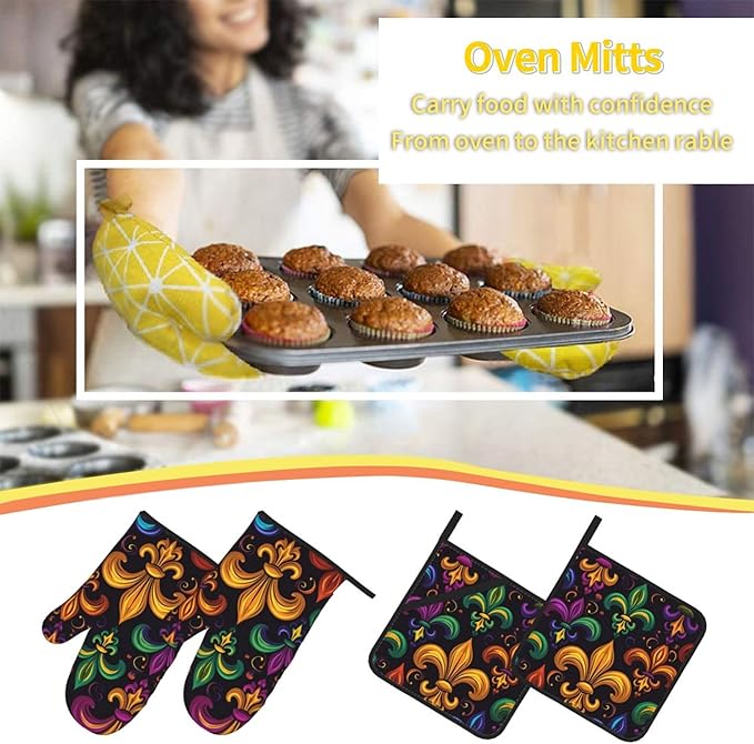 Colorful Fleur De Lis Oven Mitts and Pot Holders Sets Mardi Gras Kitchen Oven Gloves Heat Resistant 500 Degrees Oven Mitt and Hot Pad for Cooking BBQ Baking Grilling - Image 6