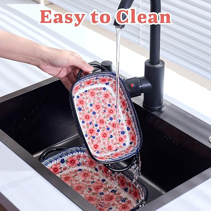 Ceramic Casserole Dishes for Oven, Hand-painted Polish Pottery Baking Dish Set of 2, 0.8QT / 2QT Porcelain Casserole Dishes with Handles, Baking Pan Lasagna Pan, Gift for Family/Friend (Red) - Image 7
