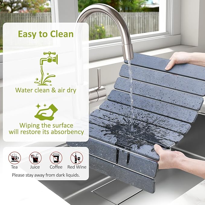 Large Stone Dish Drying Mat for Kitchen Counter, 24"(L)×16"(W), Collapsible Quick Dry Stone Dish Mats, Super Absorbent Diatomaceous Earth Drying Pad for Dishes Bottles Cups, Countertops (Black Grey) - Image 6