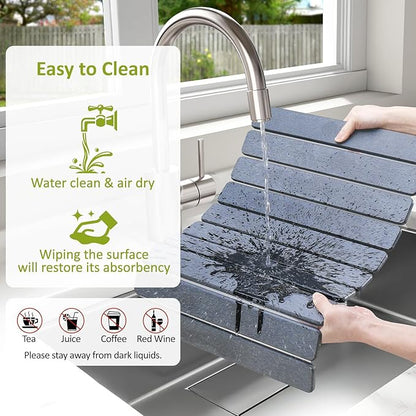 Large Stone Dish Drying Mat for Kitchen Counter, 24"(L)×16"(W), Collapsible Quick Dry Stone Dish Mats, Super Absorbent Diatomaceous Earth Drying Pad for Dishes Bottles Cups, Countertops (Black Grey) - Image 6