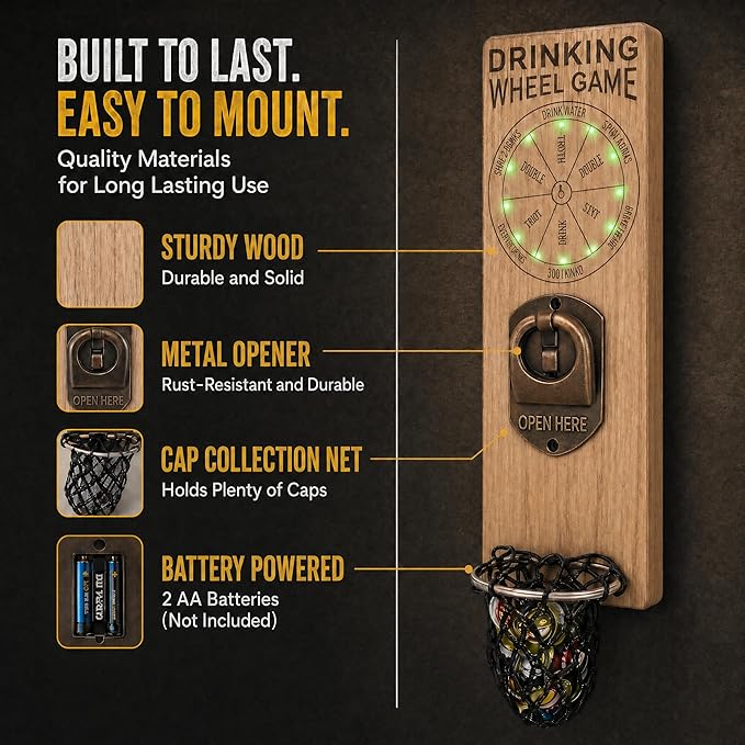 Magnetic Bottle Openers with Catcher, Wall Mounted Wooden Beer Bottle Opener with Game Roulette, Traceless Corkscrew, Home Bar Accessories for Kitchen, Outdoor, Ideal Beer Gifts for Men (Style 11)