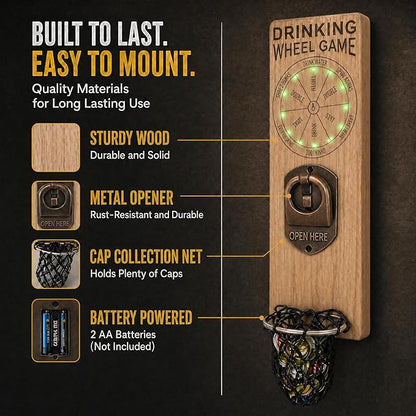 Magnetic Bottle Openers with Catcher, Wall Mounted Wooden Beer Bottle Opener with Game Roulette, Traceless Corkscrew, Home Bar Accessories for Kitchen, Outdoor, Ideal Beer Gifts for Men (Style 11)