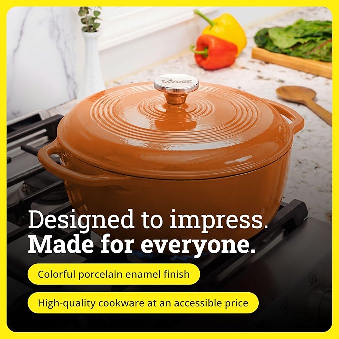 Lodge Essential Enamel Cast Iron Dutch Oven - Perfect for Bread Baking, Braising, Marinating & Slow Cooking - Features Moisture-Sealing Lid & Dual Handles - Kitchen Essentials - 6 Quarts - Apricot - Image 6