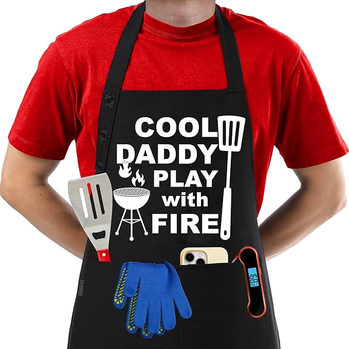 TOSHE Funny Apron Waterdrop Resistant Cotton Apron with adjustable Aprons for Women with Pockets 12 Color option Cooking (Black - Cool Daddy Play with Fire) by TOSHE