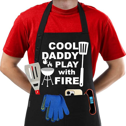 TOSHE Funny Apron Waterdrop Resistant Cotton Apron with adjustable Aprons for Women with Pockets 12 Color option Cooking (Black - Cool Daddy Play with Fire) by TOSHE