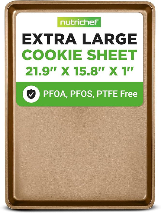 NutriChef Nonstick XL Cookie Sheet Baking Pan - Extra Large 22" x 16" Carbon Steel Oven Baking Sheet for Pastries, Desserts, & More - Dishwasher Safe, Gold