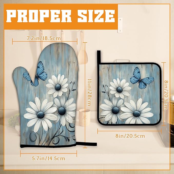 Blue Butterfly Oven Mitts and Pot Holders,Vintage Daisy Wooden Heat Resistant Oven Mitts Gloves and Pot Holder for Home Kitchen Decorations Cooking Baking BBQ Gifts,Set of 4