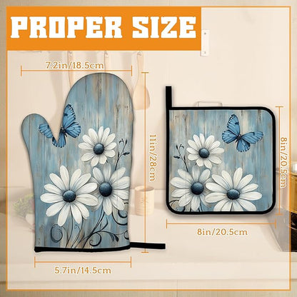 Blue Butterfly Oven Mitts and Pot Holders,Vintage Daisy Wooden Heat Resistant Oven Mitts Gloves and Pot Holder for Home Kitchen Decorations Cooking Baking BBQ Gifts,Set of 4
