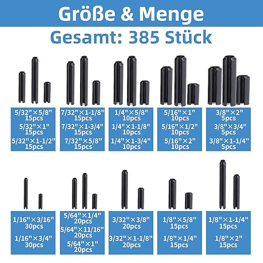 385PCS Roll Pin Set - 26 Sizes Spring Dowel Tension Roll Pins - 1/8 1/4 3/8 1/16 5/64 3/32 5/16 5/32 5/16 Split Expansion Pin Assortment Kit for Home Improvement Automotive Repair - Image 2