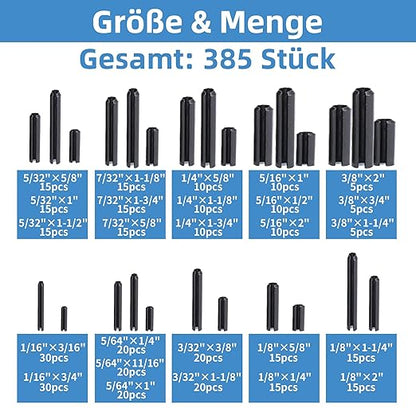 385PCS Roll Pin Set - 26 Sizes Spring Dowel Tension Roll Pins - 1/8 1/4 3/8 1/16 5/64 3/32 5/16 5/32 5/16 Split Expansion Pin Assortment Kit for Home Improvement Automotive Repair - Image 2