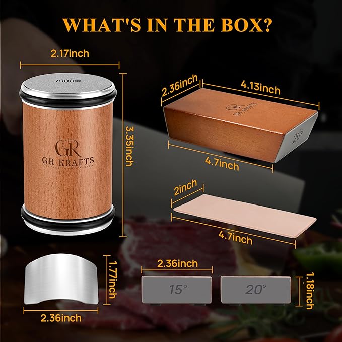 GR Kraft Rolling Knife Sharpener Kit with 1000 & 3000 Grit Diamond Discs, Magnetic Angle Guide 15-20 degree for Kitchen Knives, Finger Protector, Leather Strop & Carry Bag