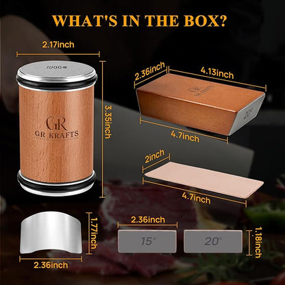 GR Kraft Rolling Knife Sharpener Kit with 1000 & 3000 Grit Diamond Discs, Magnetic Angle Guide 15-20 degree for Kitchen Knives, Finger Protector, Leather Strop & Carry Bag