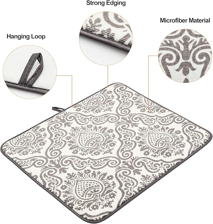 Subekyu Dish Drying Mats for Kitchen, Ultra Absorbent Microfiber Drying Mat, Dishes Drainer Pads 2 Pack, 19 by 15 Inch (Floral Vine) - Image 4