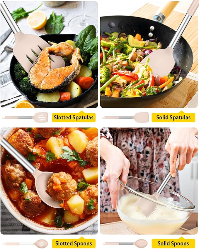 Pack of 4 Silicone Cooking Utensils Set, Non Stick Large Solid Spatulas, Heat Resistant Stainless Steel Khaki Slotted Spoons, Ideal BPA Free Kitchen Turners for Frying, Mixing,Serving,Draining,Turning - Image 3