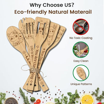 CUTHOLLOW 6PCS Alpacas Wooden Kitchen Cooking Utensil Set, 11.9in Non Toxic Bamboo Wood Spoon Set for Cooking, Best Housewarming Birthday Thanksgiving Christmas Gift for Women Mother