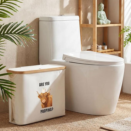 Toilet Paper Basket with Lid & Bamboo Handle, Highland Cow are You Pooping Toilet Paper Storage Holder Waterproof Oxford Bathroom Organizer, Free Standing Tissue Holder for 9-12 Rolls